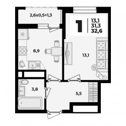 ЖК Родной Дом-2 1 комнатная 32.6 м2